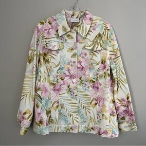 Alfred Dunner Leaf Floral printed green and pink button jacket